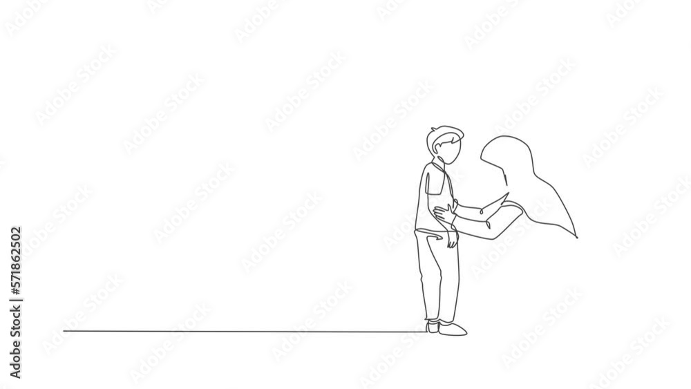 Animated self drawing of continuous one line draw young Arabian mom giving talk, advising to her boy good thing. Happy Islamic muslim parenting family concept. Full length single line animation. Animated self drawing of continuous one line draw young Arabian mom giving talk, advising to her boy good thing. Happy Islamic muslim parenting family concept. Full length single line animation.