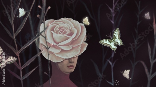 Woman, rose, flowers, leaf, nature. Painting illustration. surreal art. A girl in a fantasy garden.  conceptual artwork.
