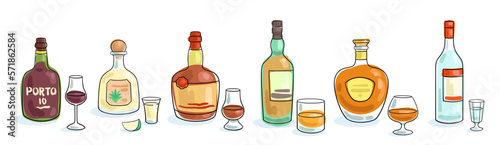 Set of six bottles of strong alcohol with shot glasses. Banner in line style. Black contour with colored spots. Isolated on white.  Vector flat illustration. Template for menu design