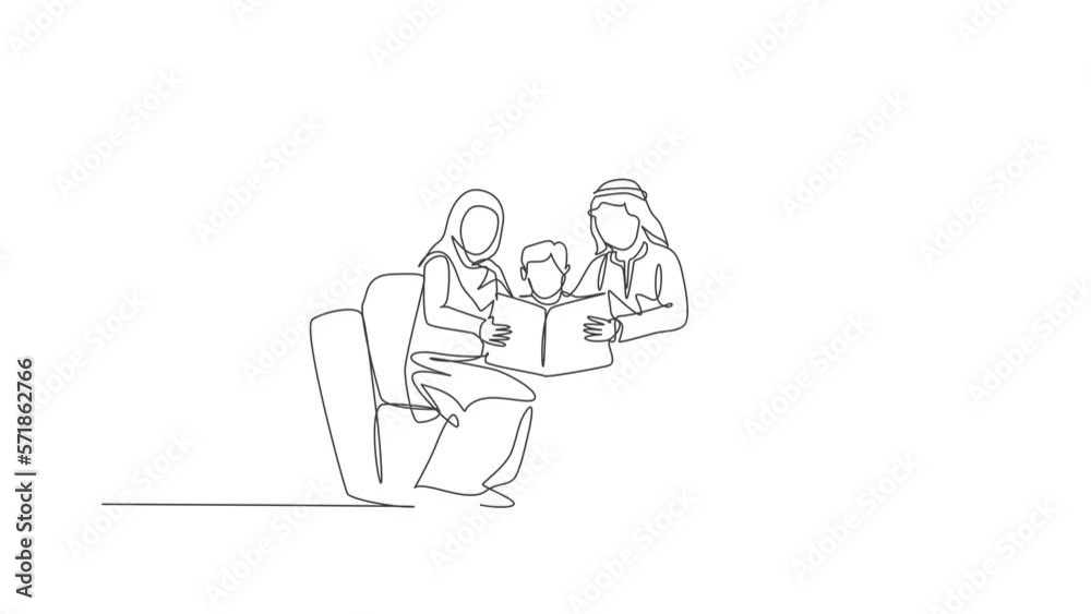 Animated self drawing of continuous one line draw young Arabian parent sitting on sofa with their boy, reading a book. Happy Islamic muslim parenting family concept. Full length single line animation. Animated self drawing of continuous one line draw young Arabian parent sitting on sofa with their boy, reading a book. Happy Islamic muslim parenting family concept. Full length single line animation.