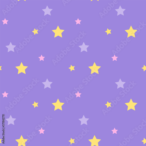 Seamless pattern in yellow, violet and pink stars on violet backgound. Vector image.