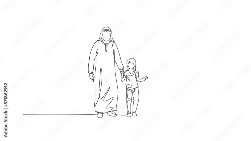 Animated self drawing of continuous line draw Arabian mom and dad walking and holding their daughter's hand together. Islamic muslim happy family parenting concept. Full length one line animation. Animated self drawing of continuous line draw Arabian mom and dad walking and holding their daughter's hand together. Islamic muslim happy family parenting concept. Full length one line animation.