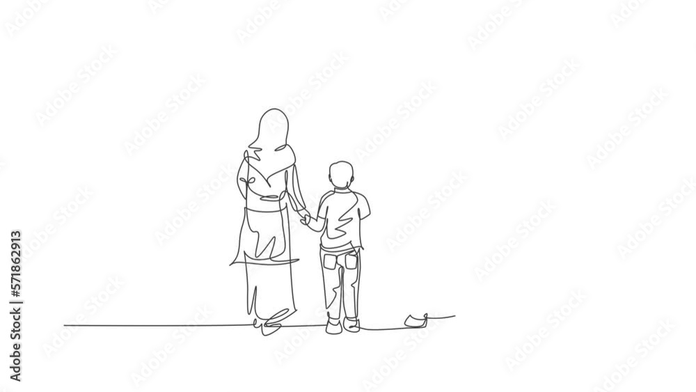 Animation of one line drawing of Islamic mom and dad walking together and hold their boy's hand. Arabian muslim happy family parenting concept. Continuous line self draw animated. Full length motion. Animation of one line drawing of Islamic mom and dad walking together and hold their boy's hand. Arabian muslim happy family parenting concept. Continuous line self draw animated. Full length motion.