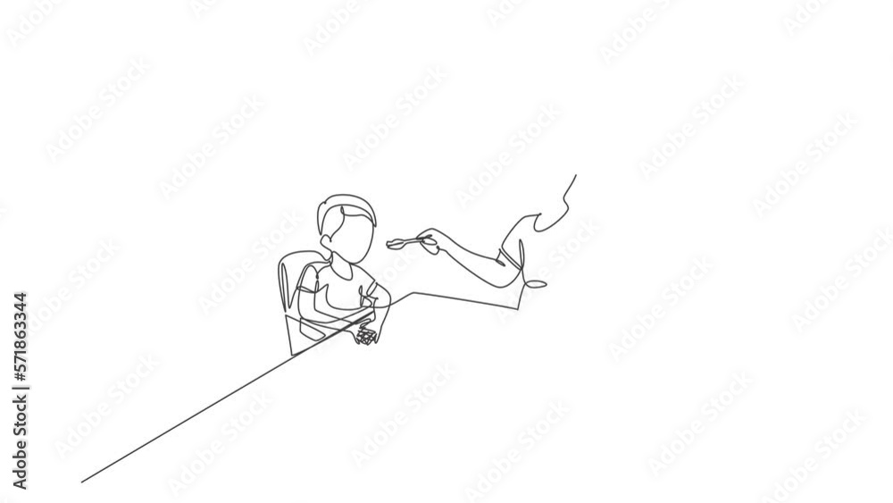 Animated self drawing of one continuous line draw young father feeding his sick fever son while siting on dining chair at home. Happy family parenting concept. Full length single line animation. Animated self drawing of one continuous line draw young father feeding his sick fever son while siting on dining chair at home. Happy family parenting concept. Full length single line animation.