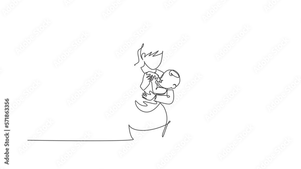 Animation of one line drawing of young mother carrying and feeding her baby with nutritious food at home. Happy parenting learning concept. Continuous line self draw animated. Full length motion.