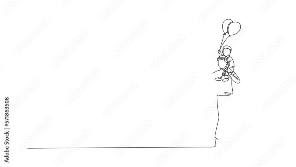 Animation of one line drawing of boy who hold a balloon siting on father's shoulder at night carnival funfair. Happy parenting learning concept. Continuous line self draw animated. Full length motion. Animation of one line drawing of boy who hold a balloon siting on father's shoulder at night carnival funfair. Happy parenting learning concept. Continuous line self draw animated. Full length motion.
