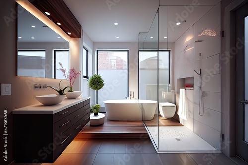 Magnificent modern bathroom with bath and shower in wood and marble, generative AI