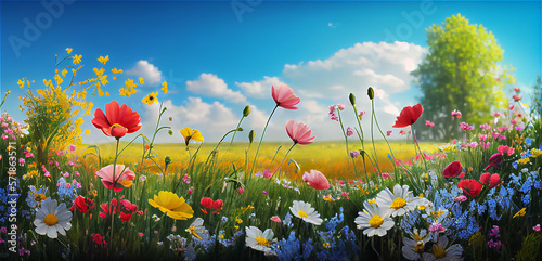 Fotografiet Beautiful spring landscape with colorful wildflowers in a green meadow on a blue