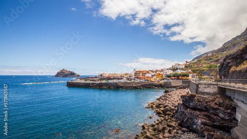 Landscape view of the town of Garachico with beach and mountain. Tenerife island, Spain