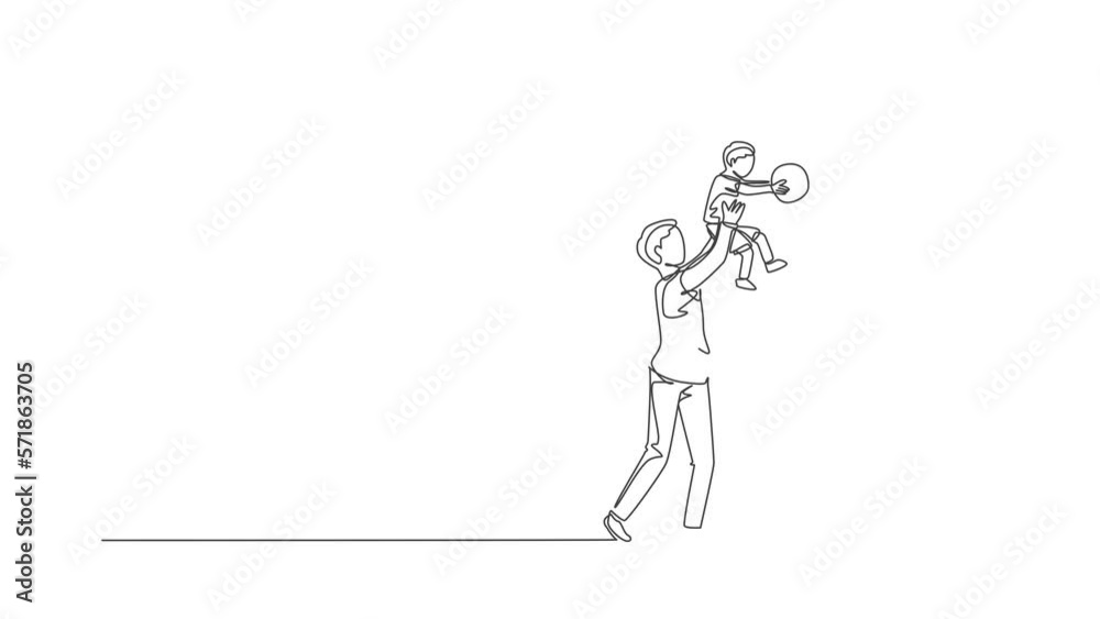 Animation of one line drawing young father raise his son to score when playing basketball game at home field. Happy parenting learning concept. Continuous line self draw animated. Full length motion.