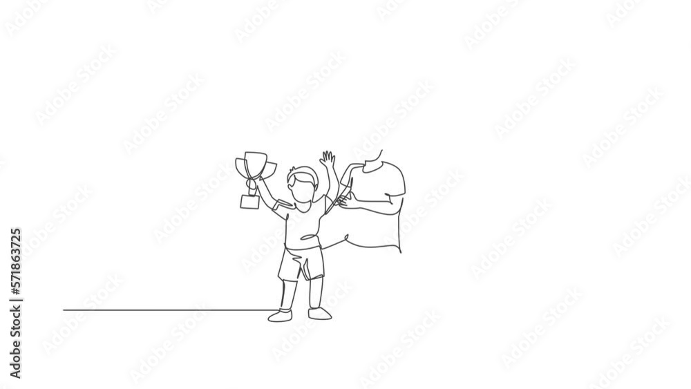 Animated self drawing of one continuous line draw young dad congratulate his son who win first place trophy at study competition. Happy family parenthood concept. Full length single line animation. Animated self drawing of one continuous line draw young dad congratulate his son who win first place trophy at study competition. Happy family parenthood concept. Full length single line animation.