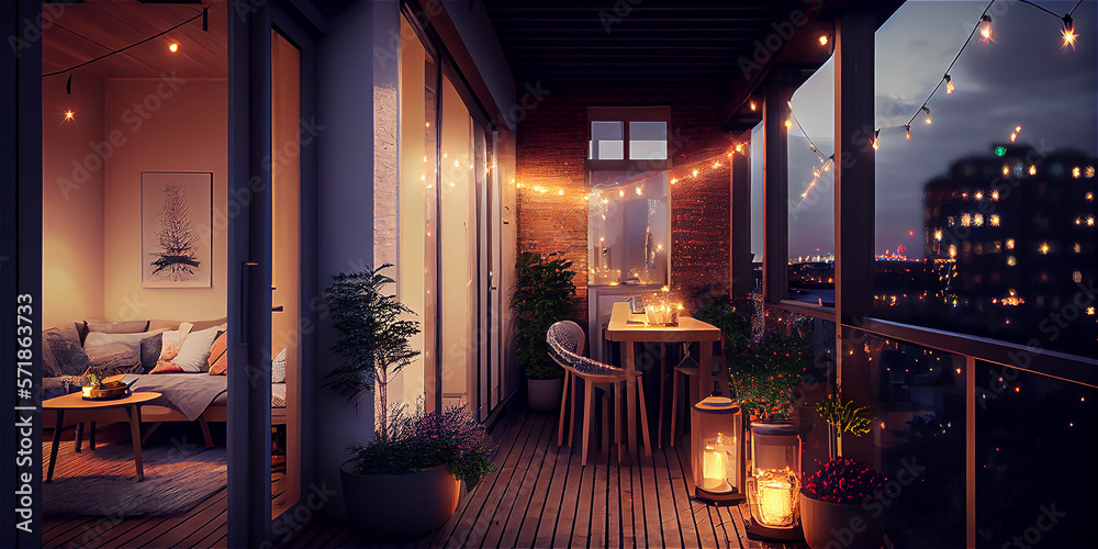 Cozy apartment terrace with fairy lights at dusk, generative AI