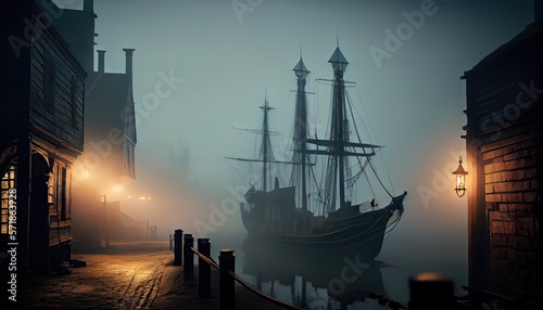 Ancient sailboat arriving in a medieval port, generative AI