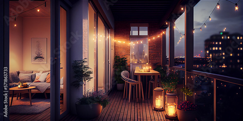 Cozy apartment terrace with fairy lights at dusk  generative AI