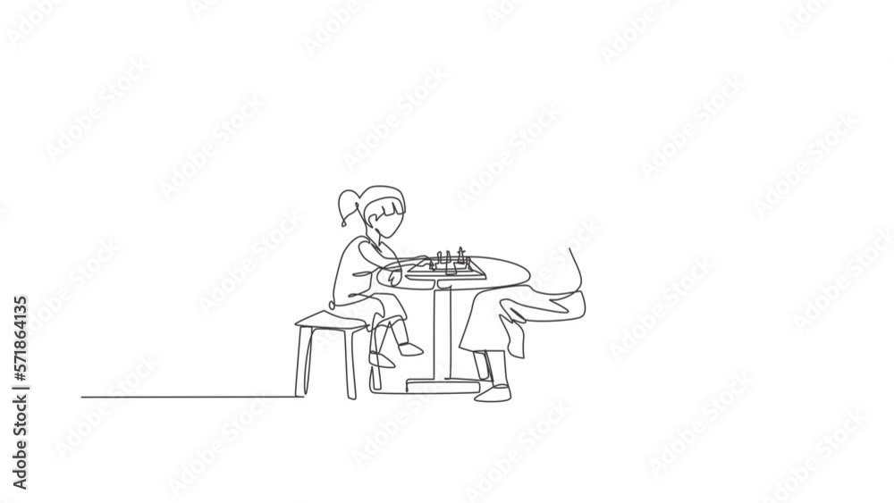 Animation of one line drawing of young mom and her son siting on chair and playing chess game together at home. Happy family bonding concept. Continuous line self draw animated. Full length motion. Animation of one line drawing of young mom and her son siting on chair and playing chess game together at home. Happy family bonding concept. Continuous line self draw animated. Full length motion.