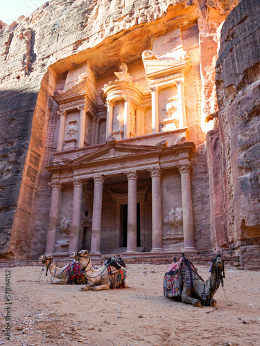 Camels in front of The Tresury Al Khazneh, famous temple in Petra Nabatean city, famous site in Jordan