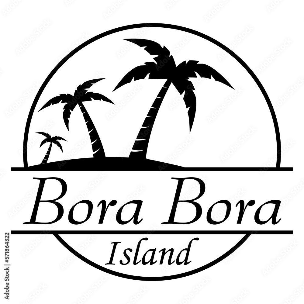 Destino de vacaciones. Logo aislado con texto manuscrito Bora Bora island con silueta de isla con palmeras en círculo lineal