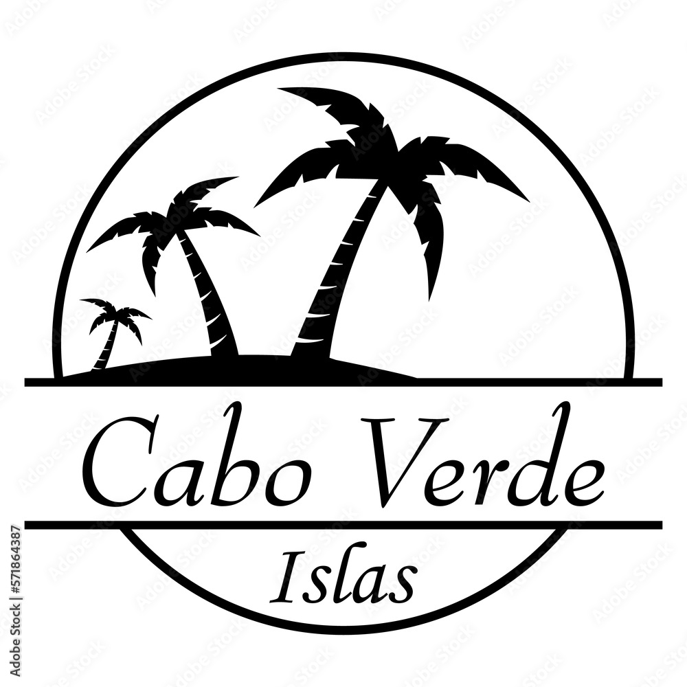 Destino de vacaciones. Logo aislado con texto manuscrito Cabo Verde islas en español con silueta de isla con palmeras en círculo lineal