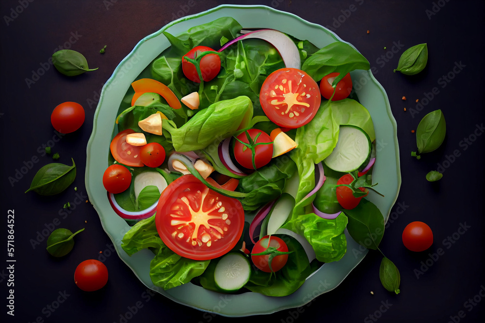 Colorful Salad of Tomatoes, Cucumbers, Spinach, and Lettuce with Sesame Seeds on Plate, generative ai