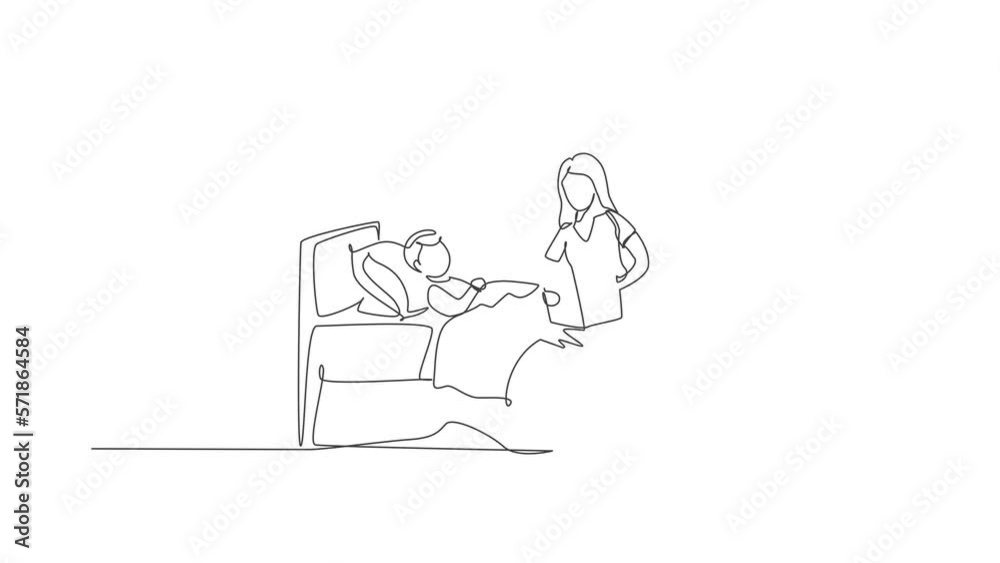Animated self drawing of single continuous line draw young mother siting on bedroom and reading story book to her son before sleeping. Happy family parenting concept. Full length one line animation. Animated self drawing of single continuous line draw young mother siting on bedroom and reading story book to her son before sleeping. Happy family parenting concept. Full length one line animation.