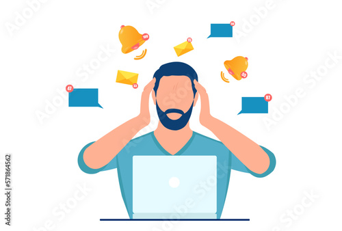 Vector of a stressed man, employee annoyed by multiple notifications, online messages, emails sitting in the office at desk