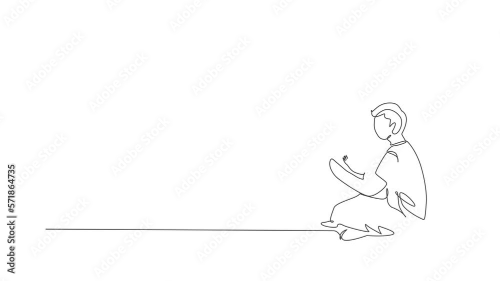 Animated self drawing of continuous line draw young dad sitting on floor and reading story book to his daughter at home. Happy family parenthood concept. Full length single line animation illustration