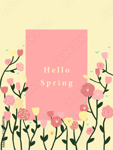 Hello Spring phrase is in a pink box surrounded with pink and light yellow blooming flowers.