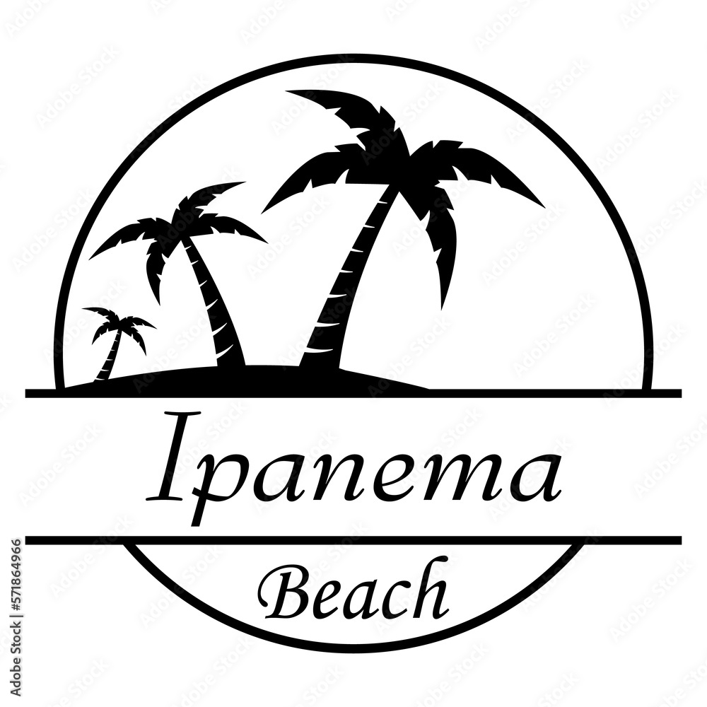 Destino de vacaciones. Logo aislado con texto manuscrito Ipanema Beach con silueta de playa con palmeras en círculo lineal