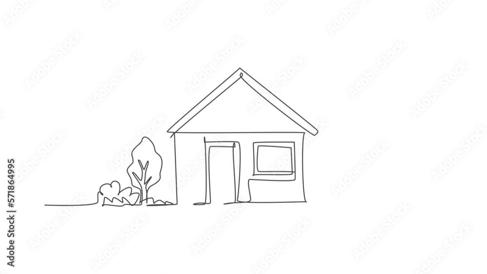 Animated self drawing of continuous line draw green little house with garden trees at village. Nature home architecture hand drawn minimalist concept. Full length single line animation illustration.