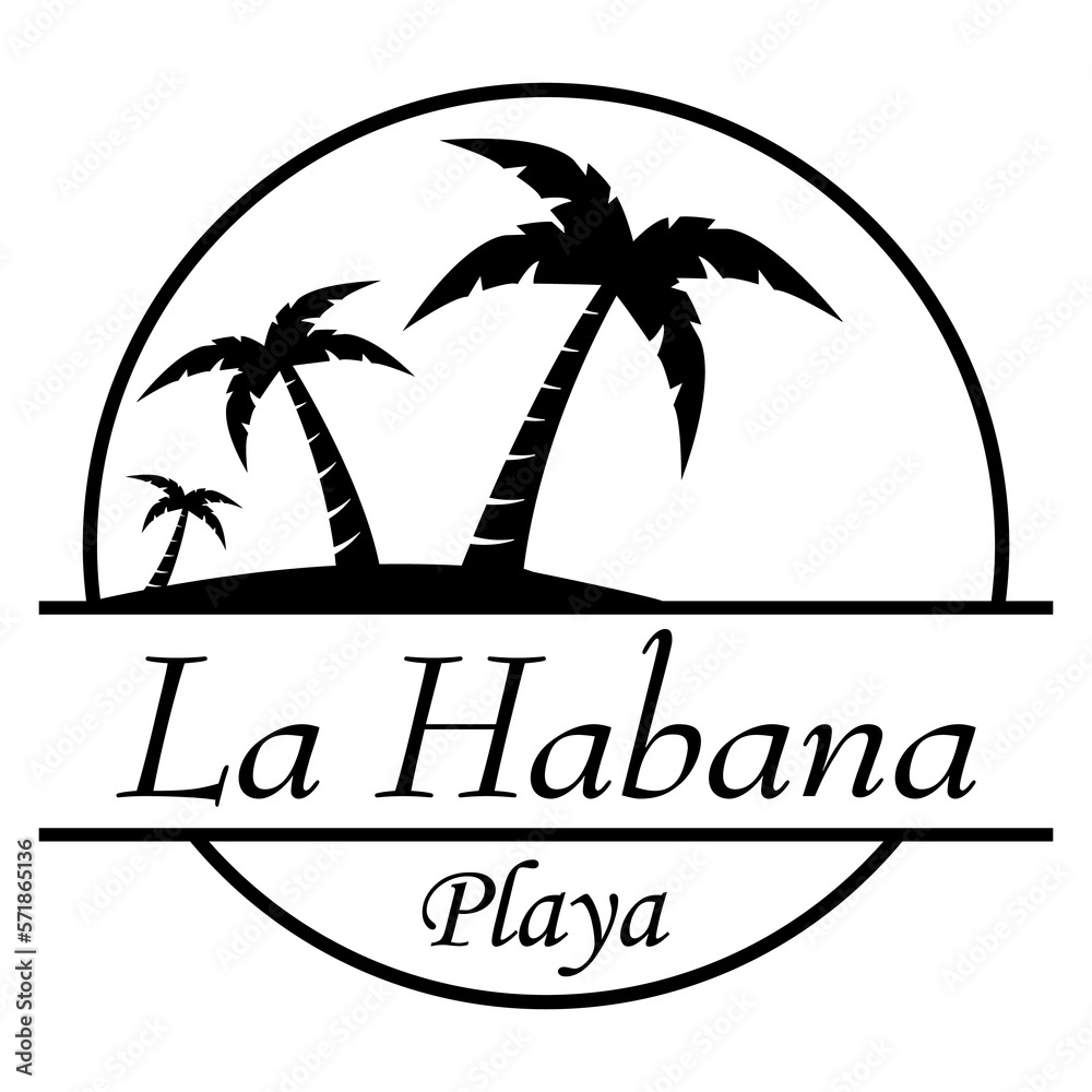 Destino de vacaciones. Logo aislado con texto manuscrito La Habana Playa en español con silueta de playa con palmeras en círculo lineal