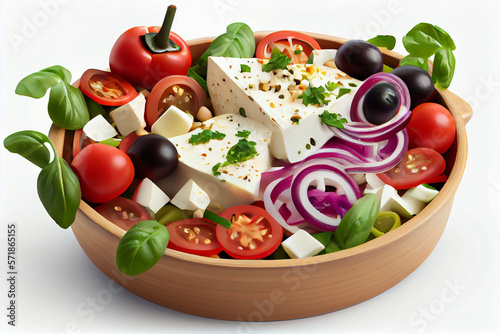 Fresh Greek Salad with Olives, Tomatoes, Red Onion, and Feta Cheese on White Background, generative ai
