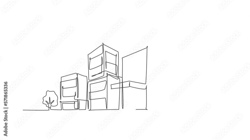 Animated self drawing of continuous line draw luxury apartment in urban area. Home architecture property construction hand drawn minimalist concept. Full length single line animation illustration.
