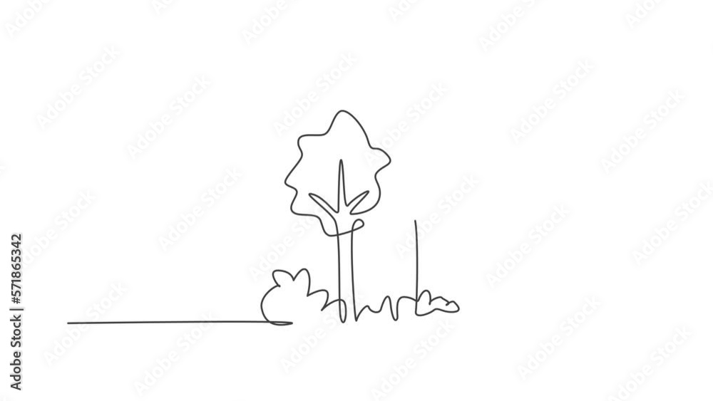 Animated self drawing of continuous one line draw green trees for park garden logo icon. Eco natural symbol hand drawn minimalist concept. Full length single line animation illustration.