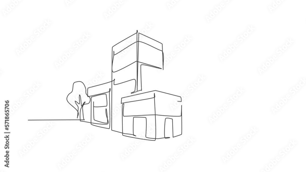 Animated self drawing of single continuous line draw luxury building at big city. Home architecture property isolated minimalism concept. Full length one line animation illustration on background.