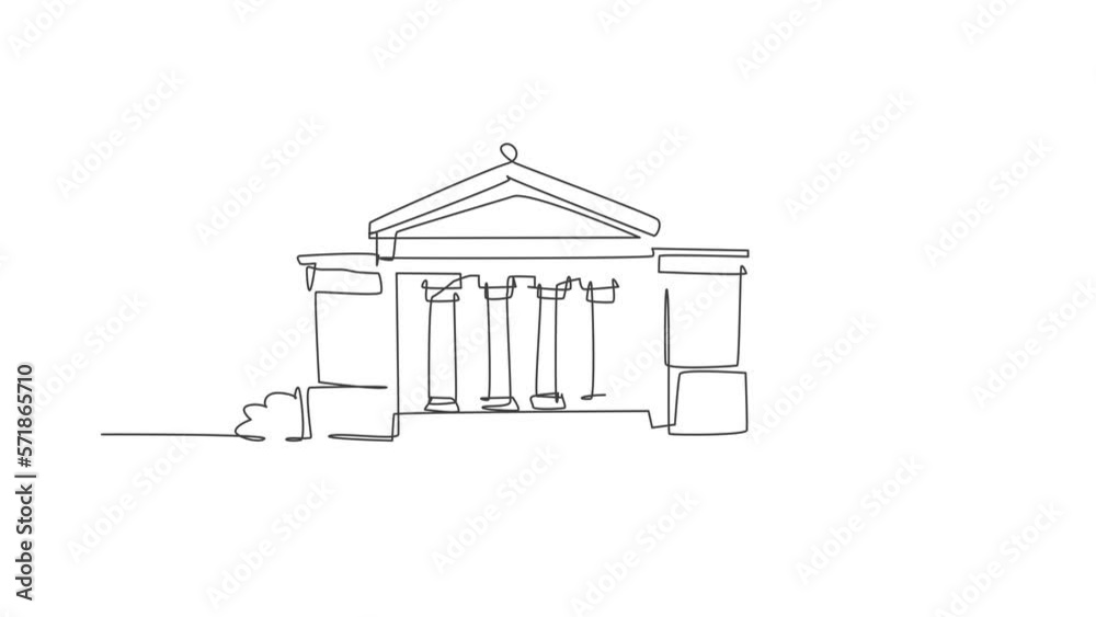 Animation of one line drawing classic museum construction building with pillar at front. Art gallery structure isolated doodle minimal concept. Continuous line self draw animated. Full length motion.