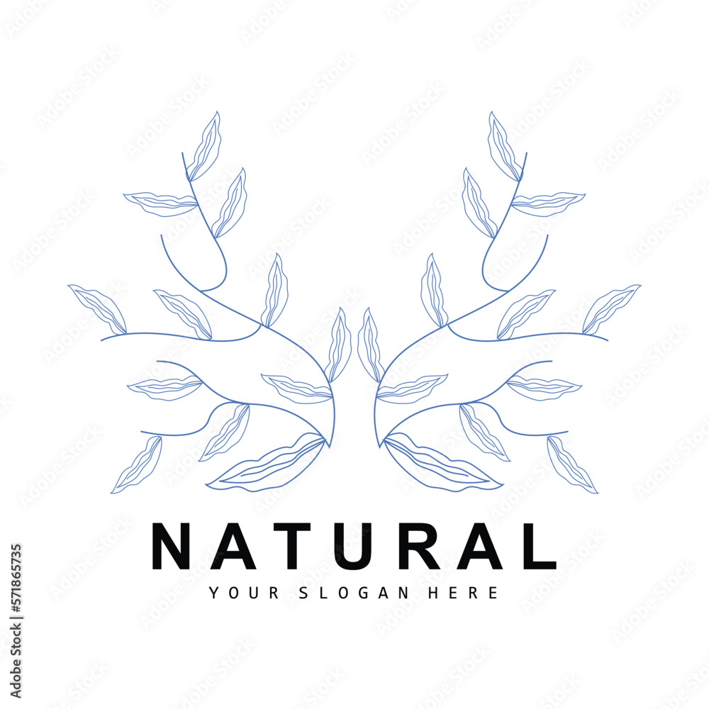 Fototapeta premium Simple Botanical Leaf and Flower Logo, Vector Natural Line Style, Decoration Design, Banner, Flyer, Wedding Invitation, and Product Branding