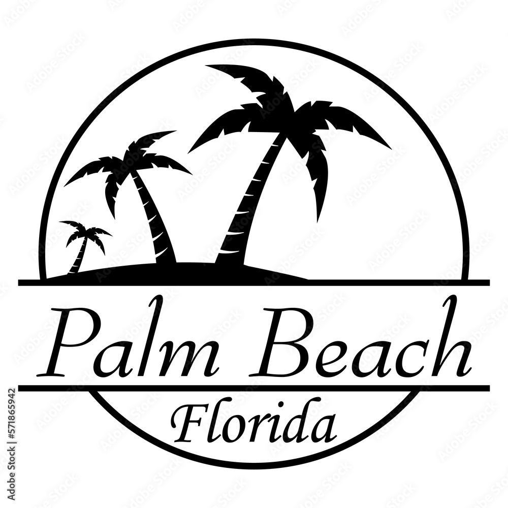 Destino de vacaciones. Logo aislado con texto manuscrito Palm Beach Florida con silueta de playa con palmeras en círculo lineal