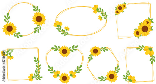 Set illustration of frames of sunflower flowers. Set of sunflowers isolated on white background. Collection of beautiful sunflowers, Sunflowers Frames. Sunflowers Frames, Geometry Frame.