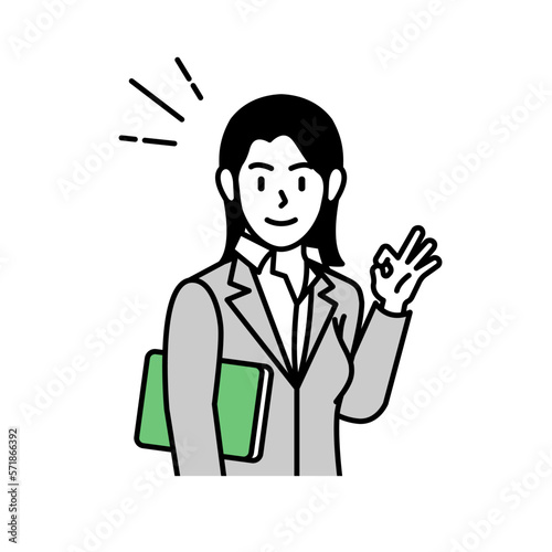 Cartoon illustration of a business woman positively and confidently expressing growth and success in business, assets, stocks, etc.