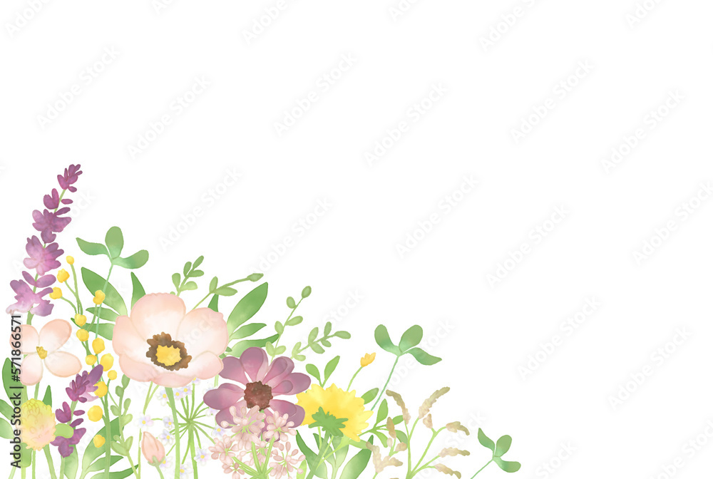 水彩調パステルカラーの花のフレーム（カラフル2）