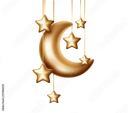 Realistick crescent moons with hanging stars omposition for islamic holy month decoration isolated. Decorative 3d elements for Muslim holidays