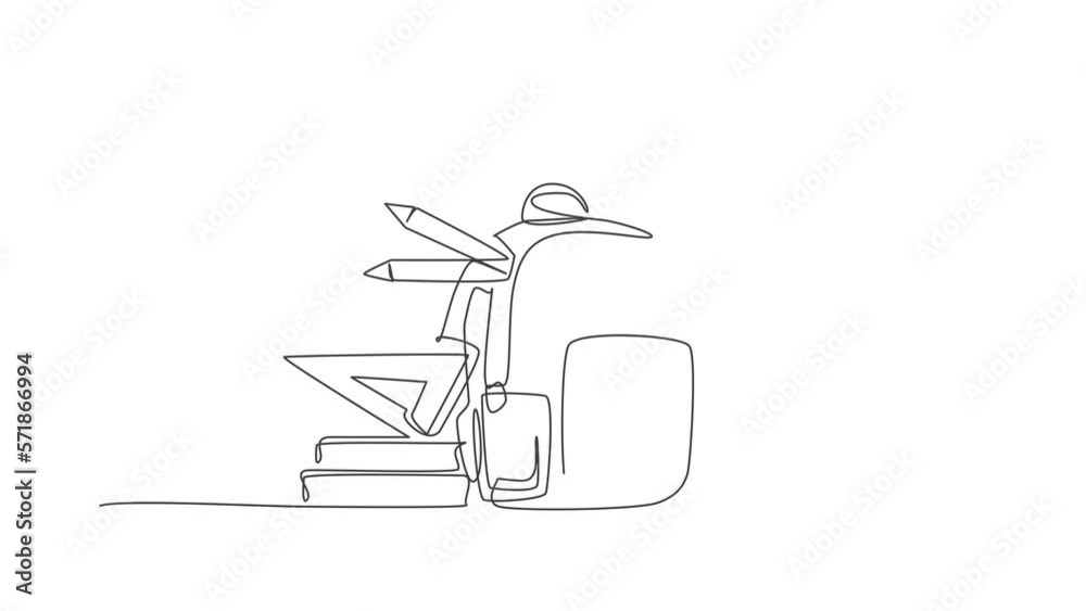 Animation of single one line drawing of school bag, basket ball, ruler, pencil and pen set. Back to school minimalist, education concept. Continuous line self draw animated. Full length motion. Animation of single one line drawing of school bag, basket ball, ruler, pencil and pen set. Back to school minimalist, education concept. Continuous line self draw animated. Full length motion.