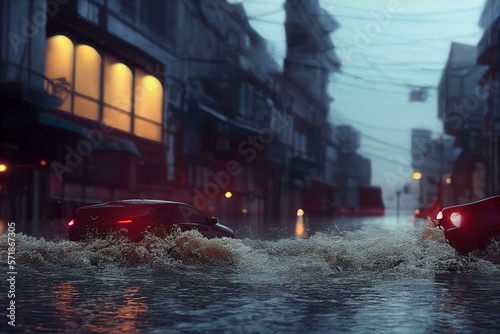 Tablou canvas Cars driving through flooded city street. Generative AI