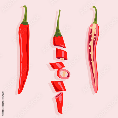 Vector chili pepper whole, sliced and halved. Useful spicy vegetable. Isolated figures.