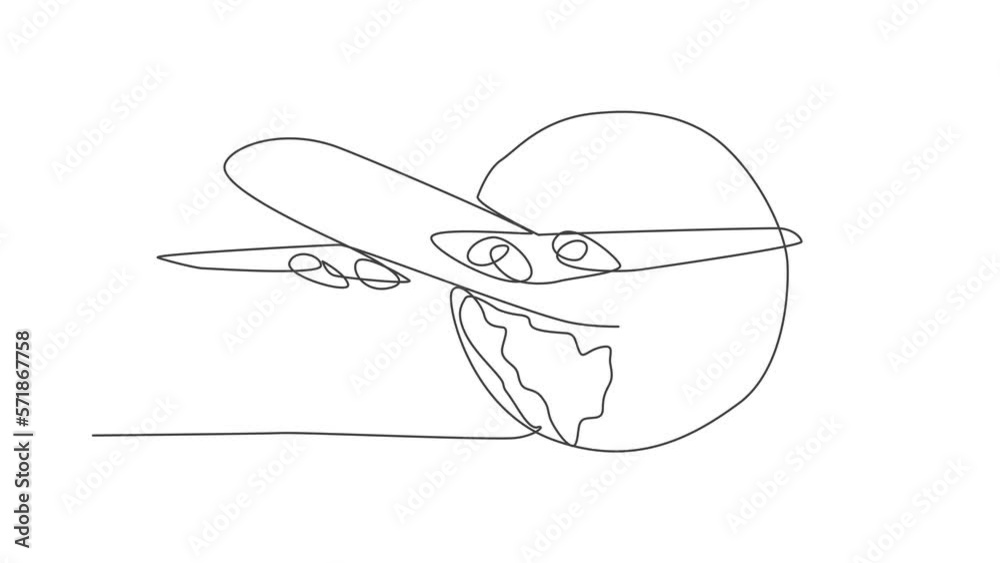 Airplane around the earth. Animated self drawing of continuous line world traveling icon. Full length one line animation doodle for holiday vacation concept. Isolated illustration on white background.