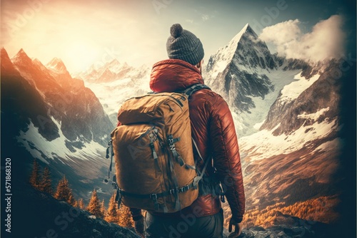 Young backpacking man traveler enjoying nature in Alps mountains, Ai generative.