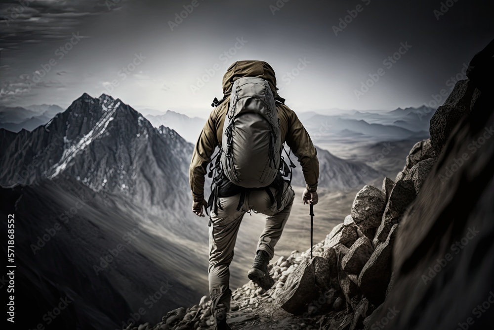 Young backpacking man traveler enjoying nature in Alps mountains, Ai generative. Young backpacking man traveler enjoying nature in Alps mountains, Ai generative.