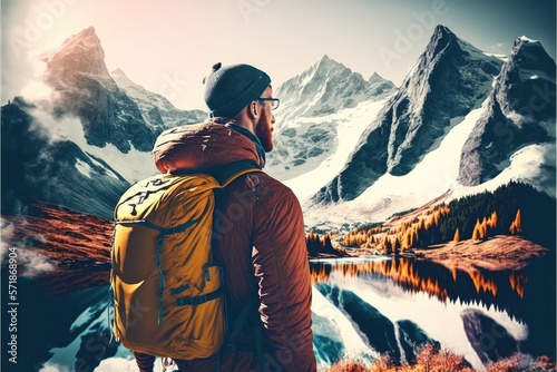 Young backpacking man traveler enjoying nature in Alps mountains, Ai generative.