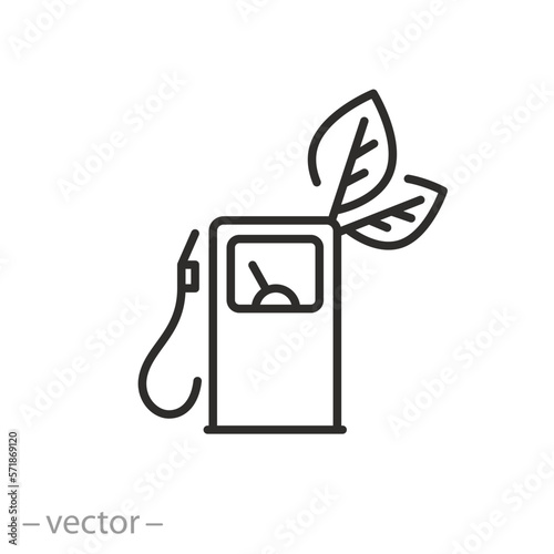 bio fuel pump station icon, green energy concept, eco gasoline, green gas with leaves, thin line symbol on white background - editable stroke vector illustration