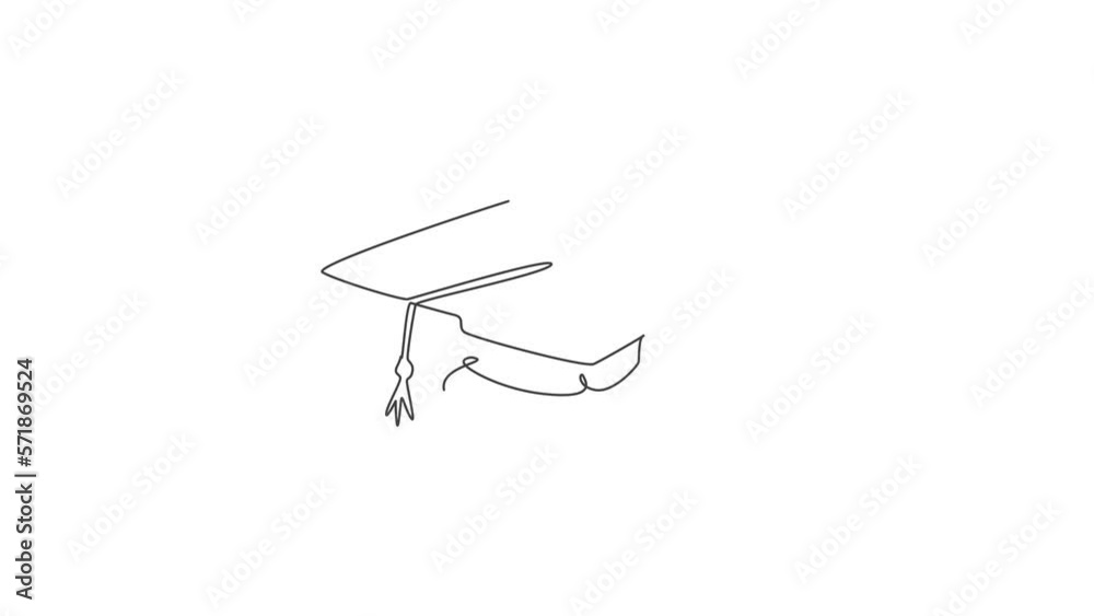 Animated self drawing of continuous line draw graduation cap for graduating ceremony equipment logo icon. University grad uniform logotype symbol template concept. Full length single line animation. Animated self drawing of continuous line draw graduation cap for graduating ceremony equipment logo icon. University grad uniform logotype symbol template concept. Full length single line animation.